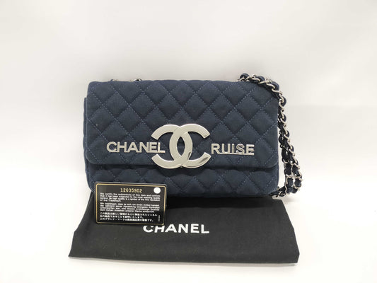 CHANEL Navy Cotton Matelasse Shoulder Bag with Silver Hardware, Size 12