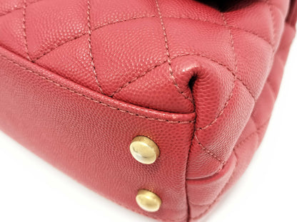 CHANEL Coco Handle Small Matelasse A92990 Red Caviar Leather with Gold Hardware and Chain, 27 Series Handbag