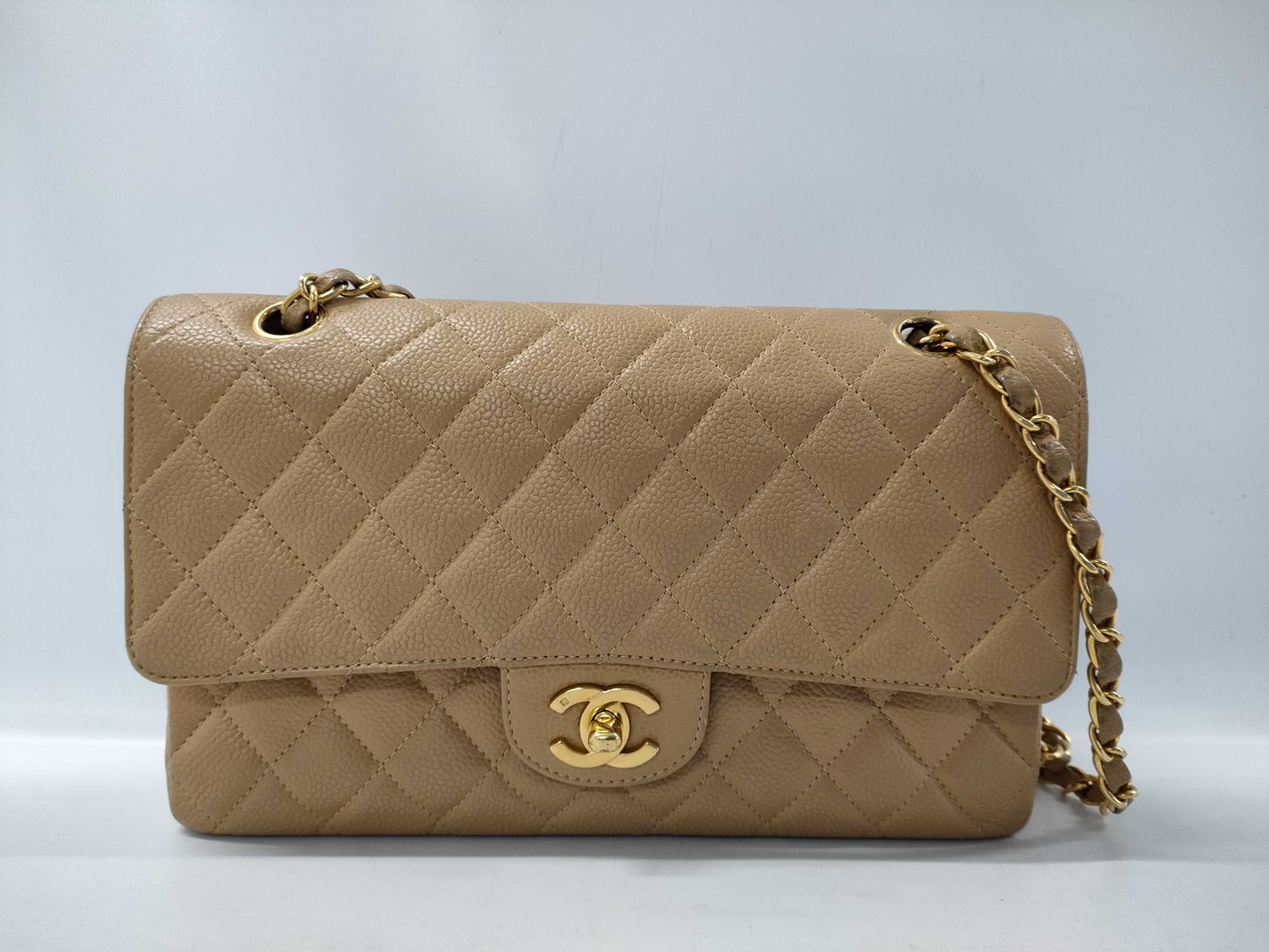CHANEL Matelasse 25 Caviar Leather Chain Shoulder Bag Beige