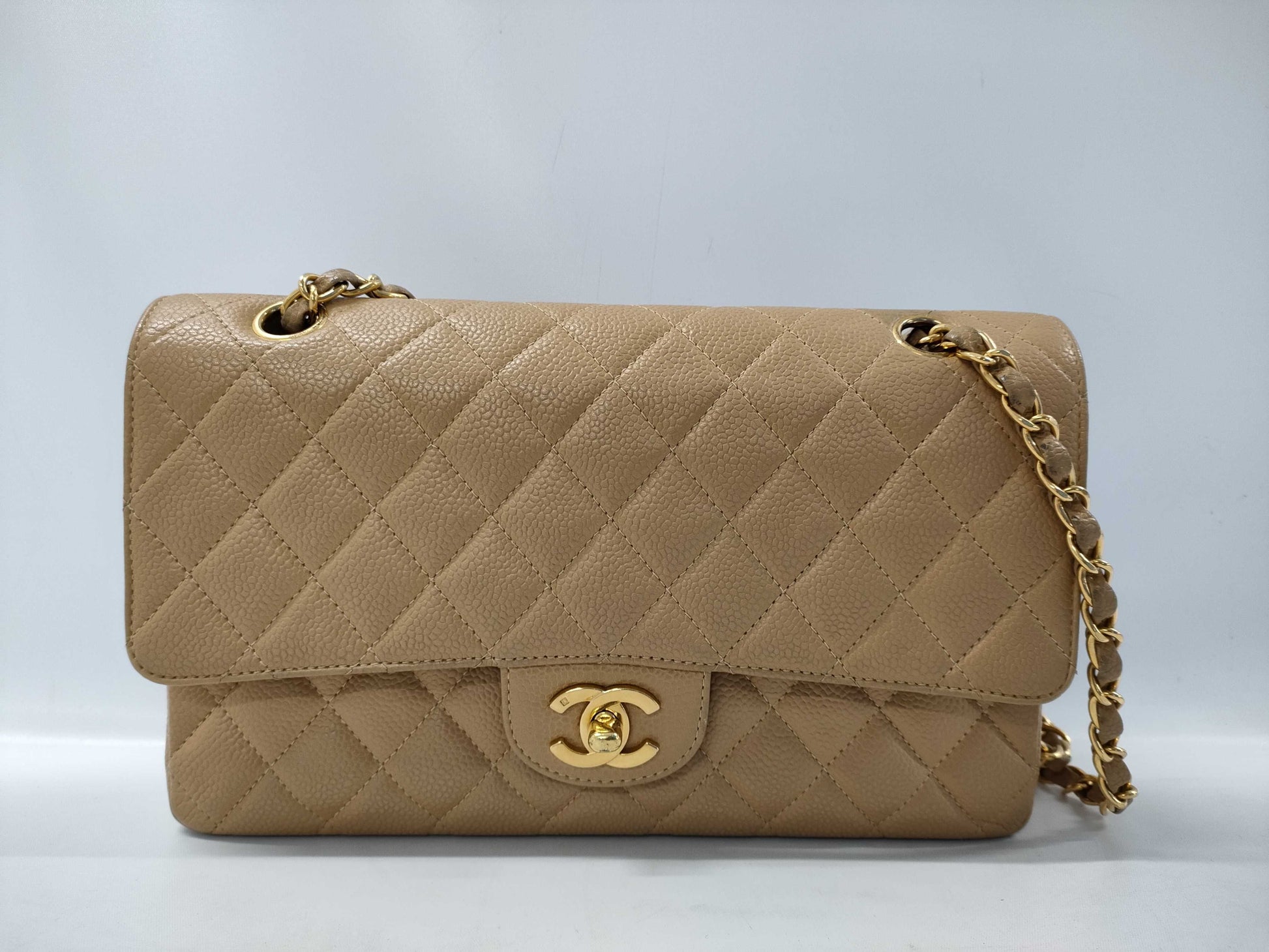 CHANEL Matelasse 25 Caviar Leather Chain Shoulder Bag Beige