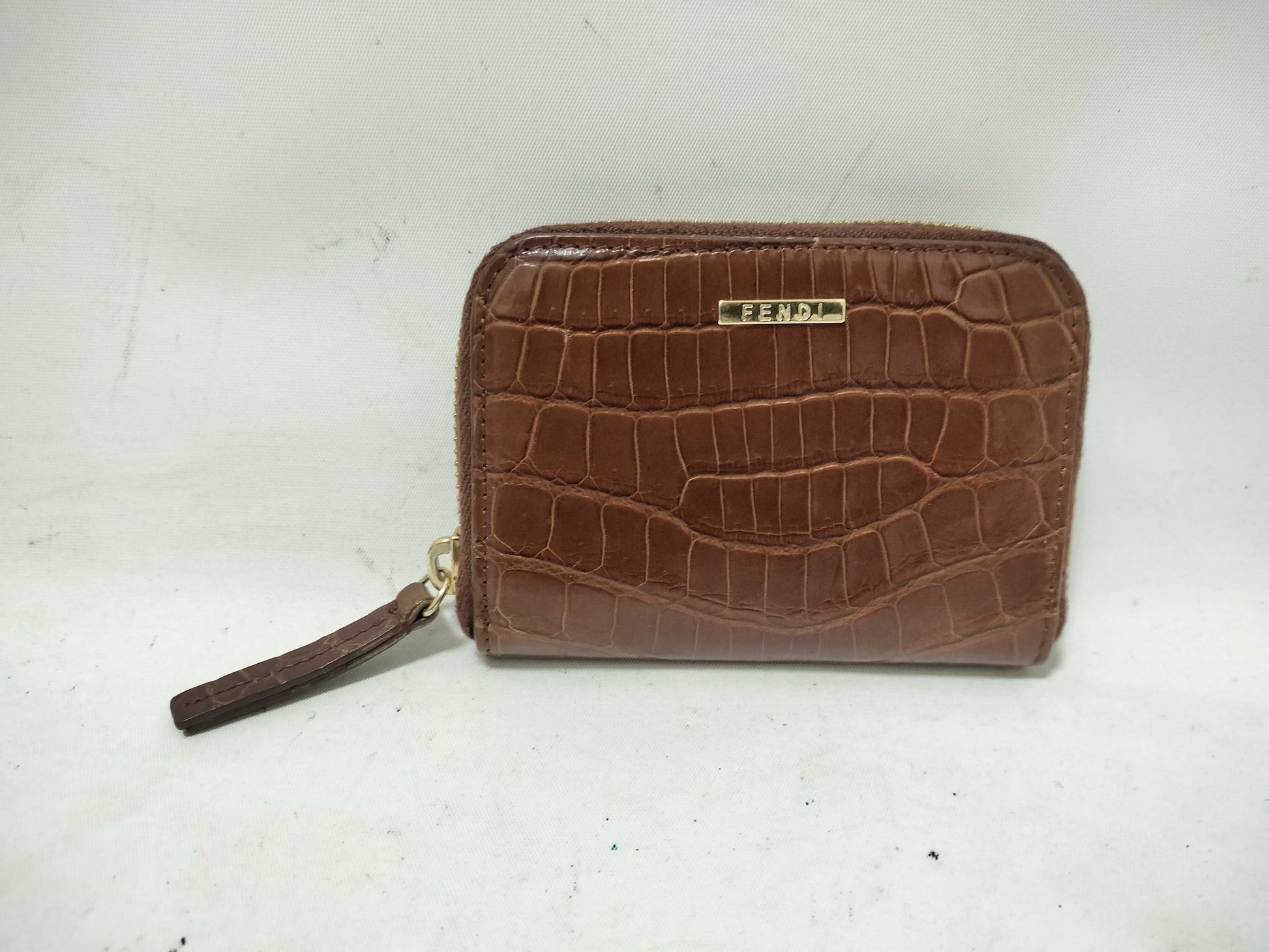 FENDI FENDI Coin Case Crocodile Embossed Brown Coin Case