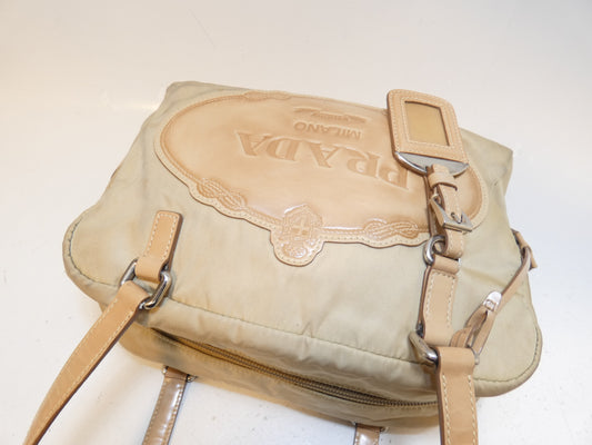 PRADA Logo Jacquard Nylon Leather Hand Boston Bag