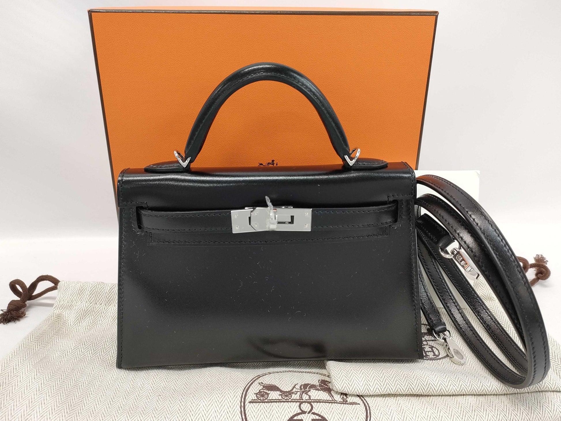 HERMES Mini Kelly 2 Box Calf Leather Black with Silver Hardware, K Stamped Bag