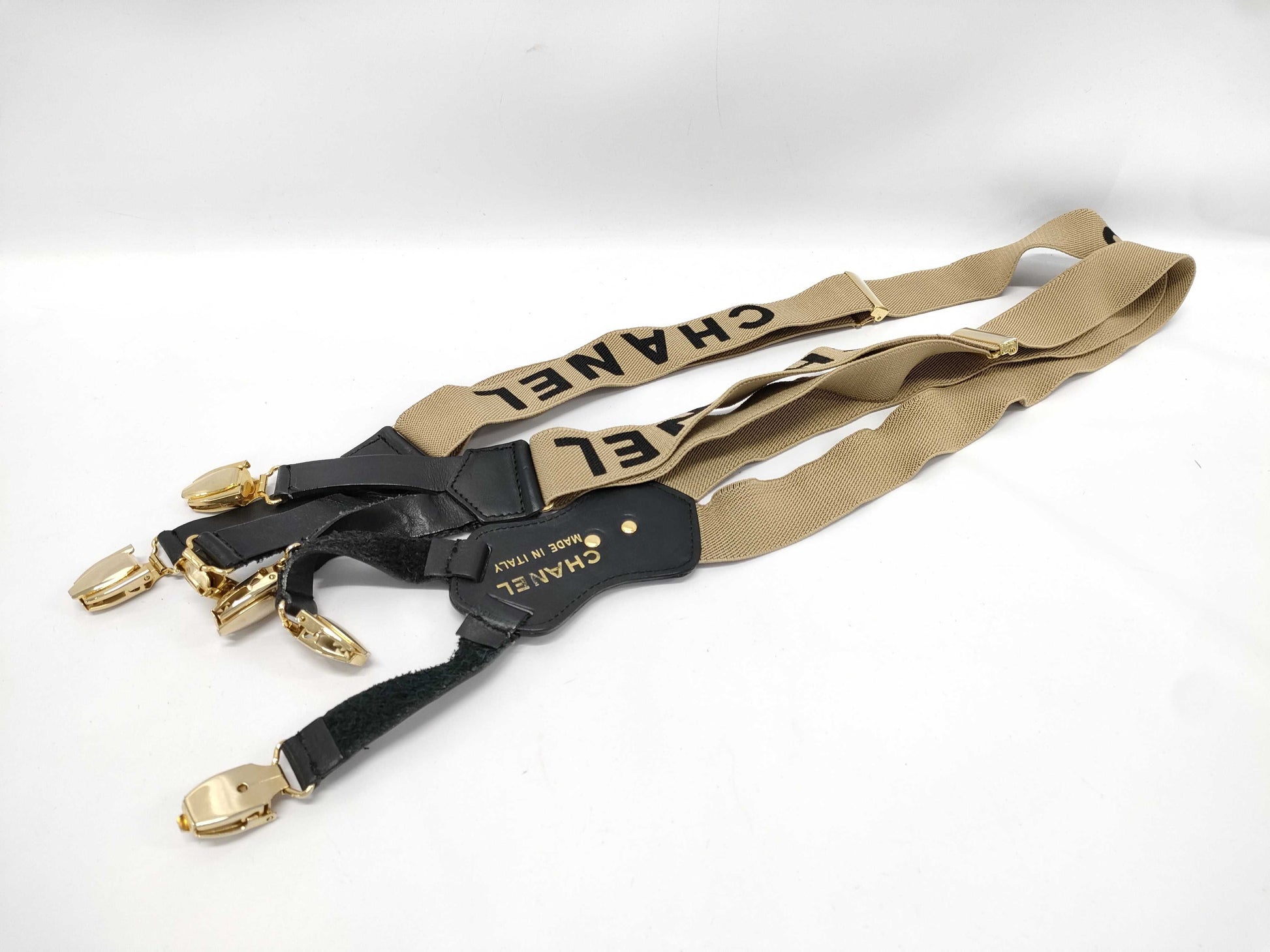 CHANEL Suspenders with Coco Mark Logo, Beige, Black, Other Accessories