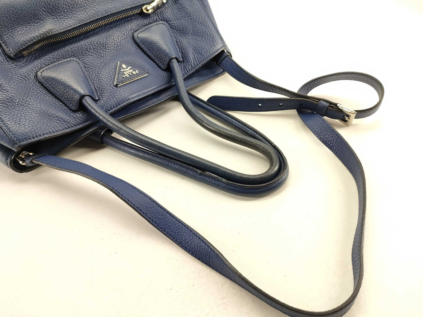 PRADA Vitello Dino Leather 2-Way Handbag BN2795 Blue Accessories: Dust Bag, Shoulder Strap, Tote Bag