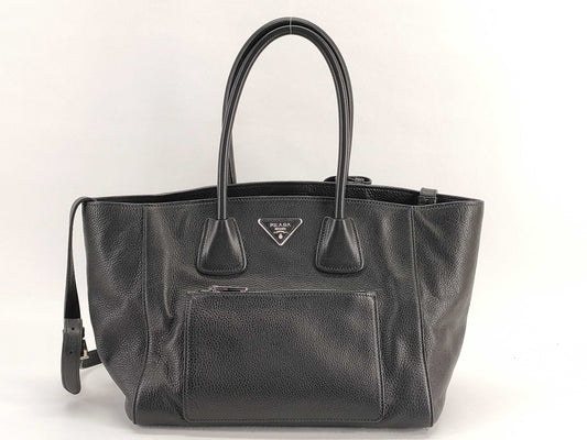 PRADA Vitello Phoenix Leather 2-Way Tote Bag, Black, BN2795