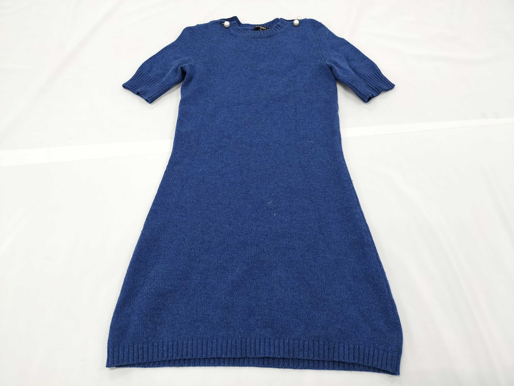 CHANEL CHANEL Dress P57393K07487 Size 34 100% Cashmere Pearl Button Blue Dress