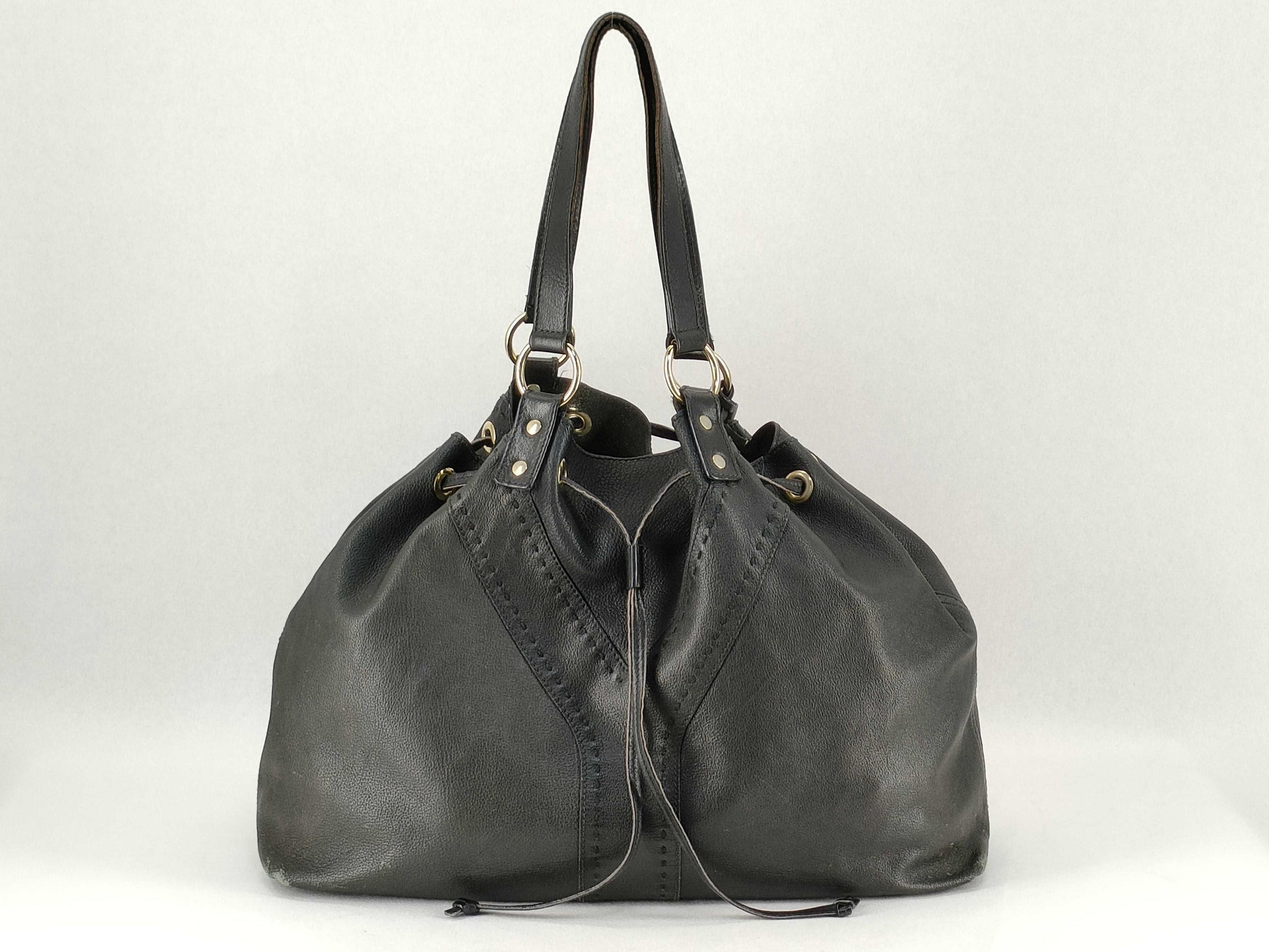 SAINT LAURENT Neo Double Drawstring Handbag in Black Leather