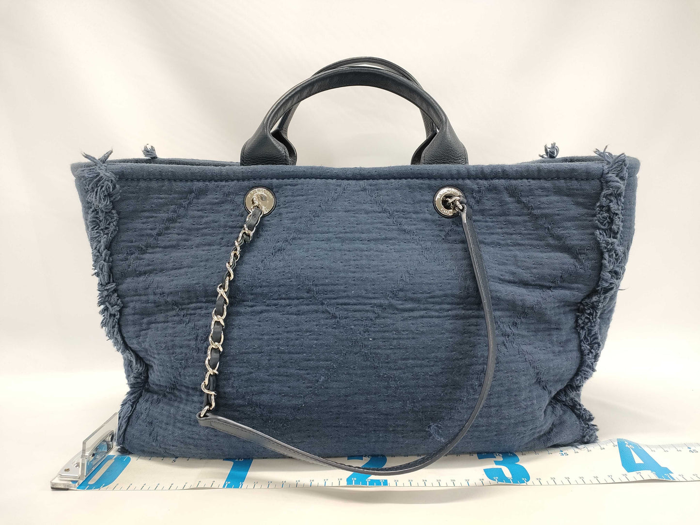 CHANEL CHANEL Tote Bag Navy Cotton x Leather Chain Shoulder/2-Way Tote Bag