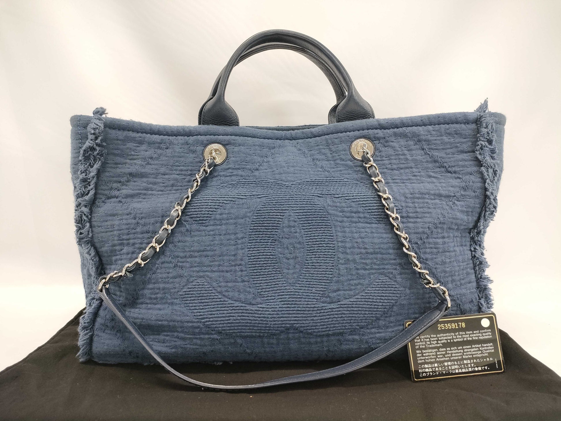 CHANEL CHANEL Tote Bag Navy Cotton x Leather Chain Shoulder/2-Way Tote Bag