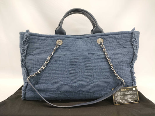 CHANEL CHANEL Tote Bag Navy Cotton x Leather Chain Shoulder/2-Way Tote Bag