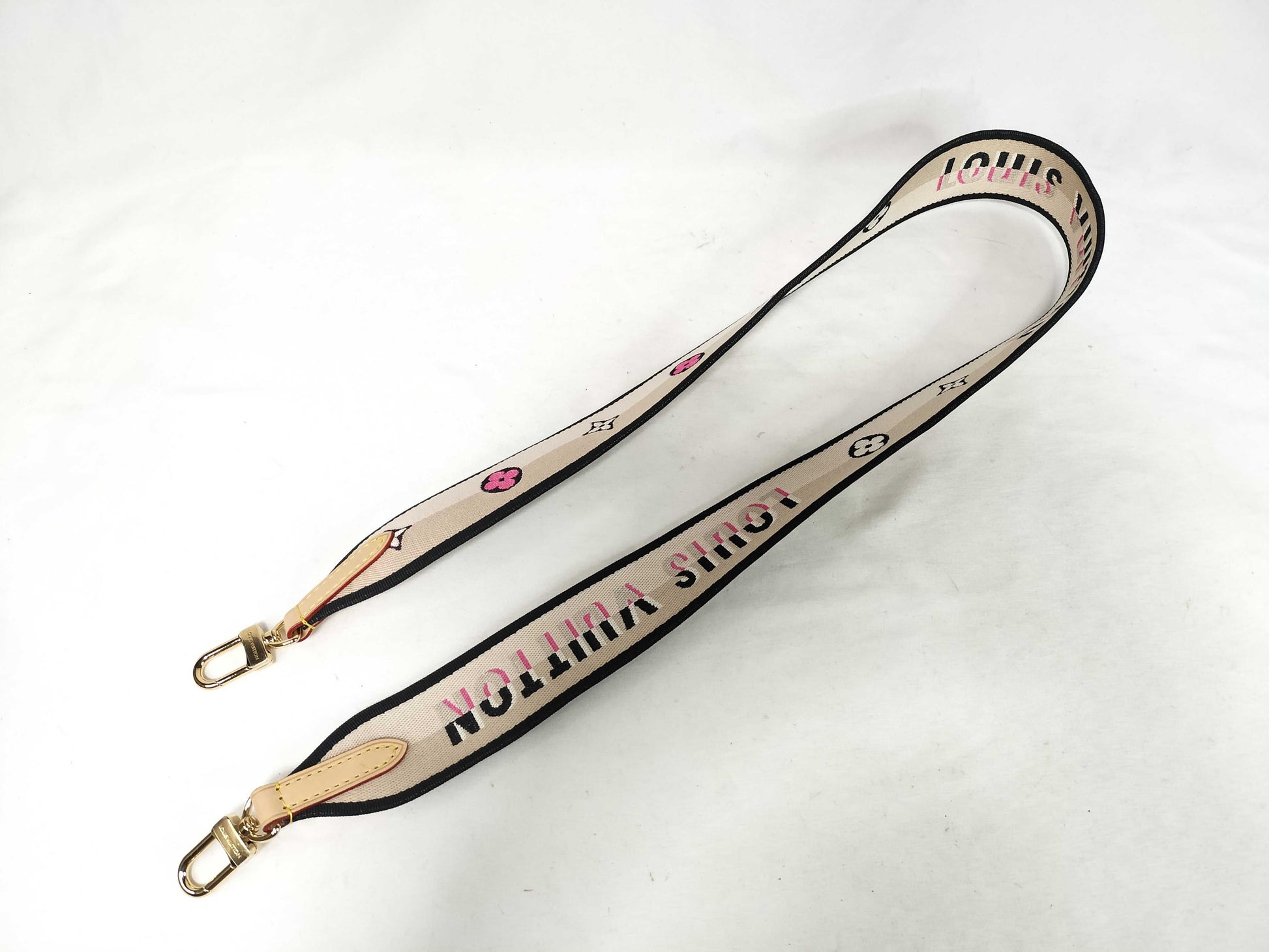 LOUIS VUITTON Signature Strap, Beige/Black/Pink, Signature Canvas with Gold Hardware