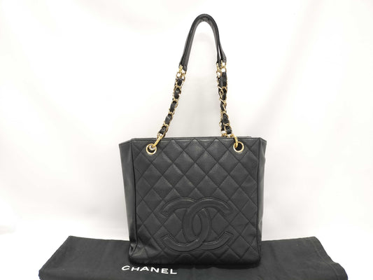 CHANEL CC Petite Shopping Tote in Black Caviar Leather with Silver Hardware