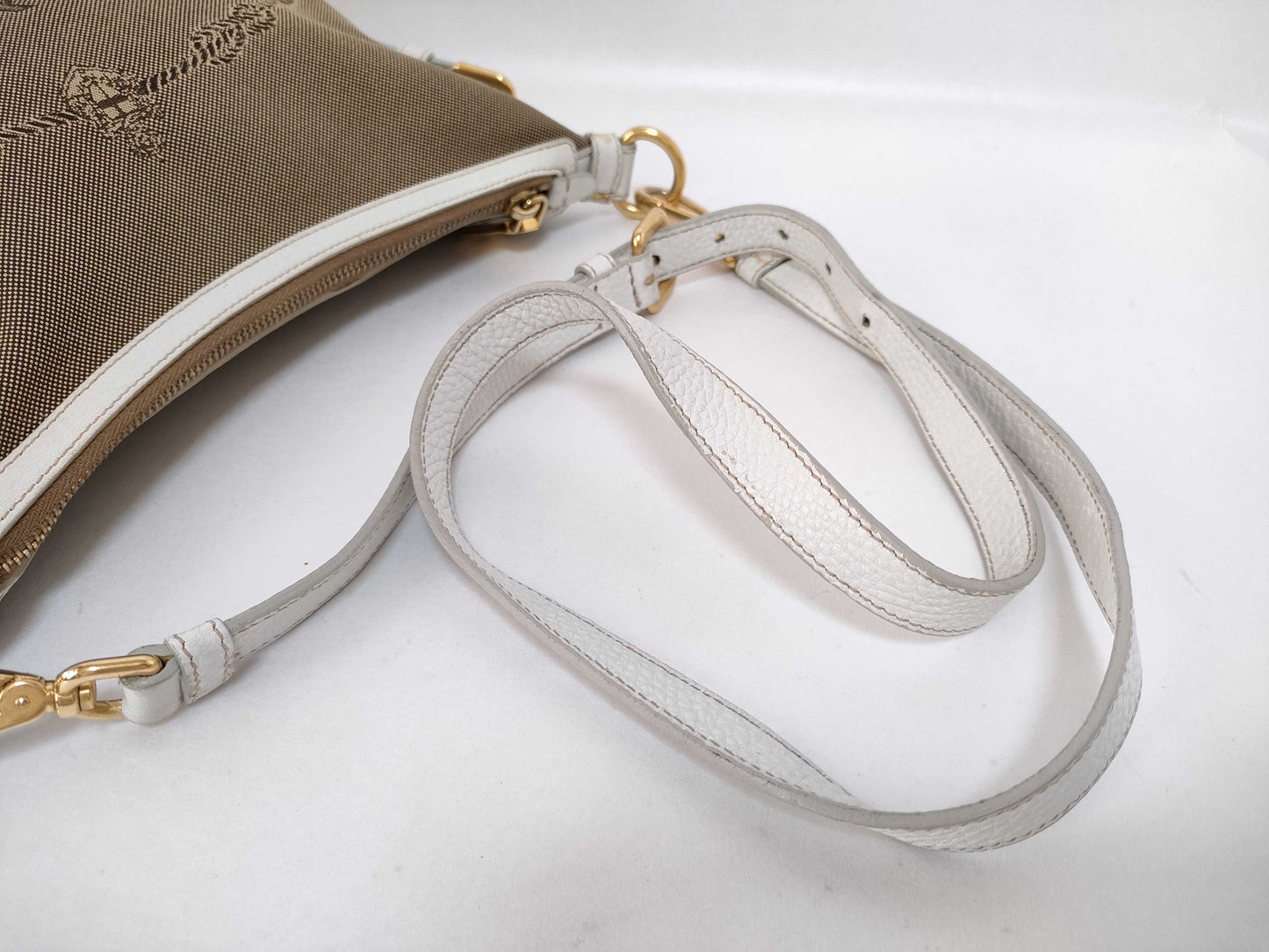PRADA Prada Front Logo Crossbody Shoulder Bag in Beige Canvas with Gold Hardware
