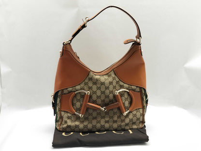 GUCCI Web Heritage Horsebit Hobo Shoulder Bag in Beige/Tan Monogram Canvas with Gold Hardware