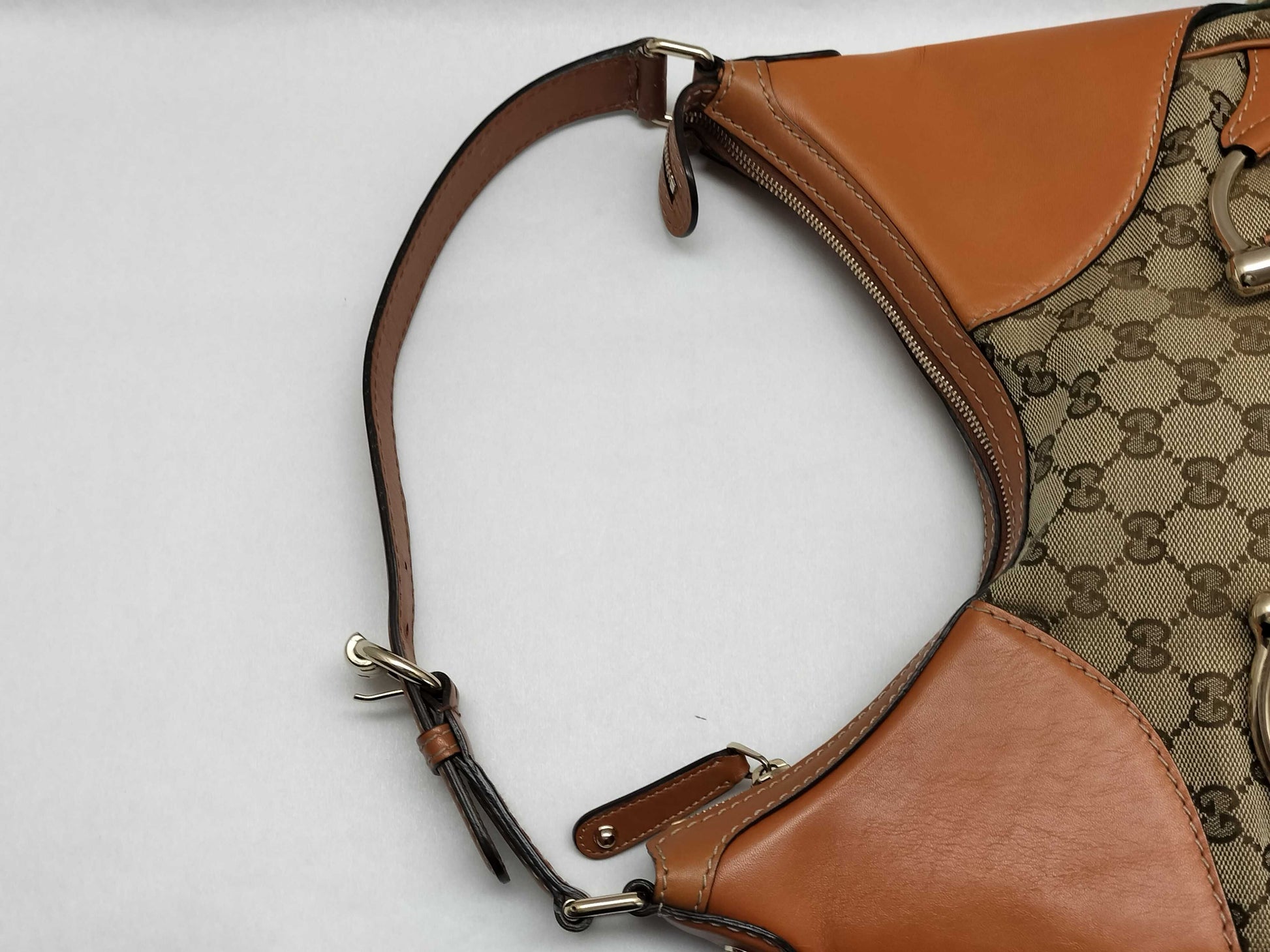 GUCCI Web Heritage Horsebit Hobo Shoulder Bag in Beige/Tan Monogram Canvas with Gold Hardware