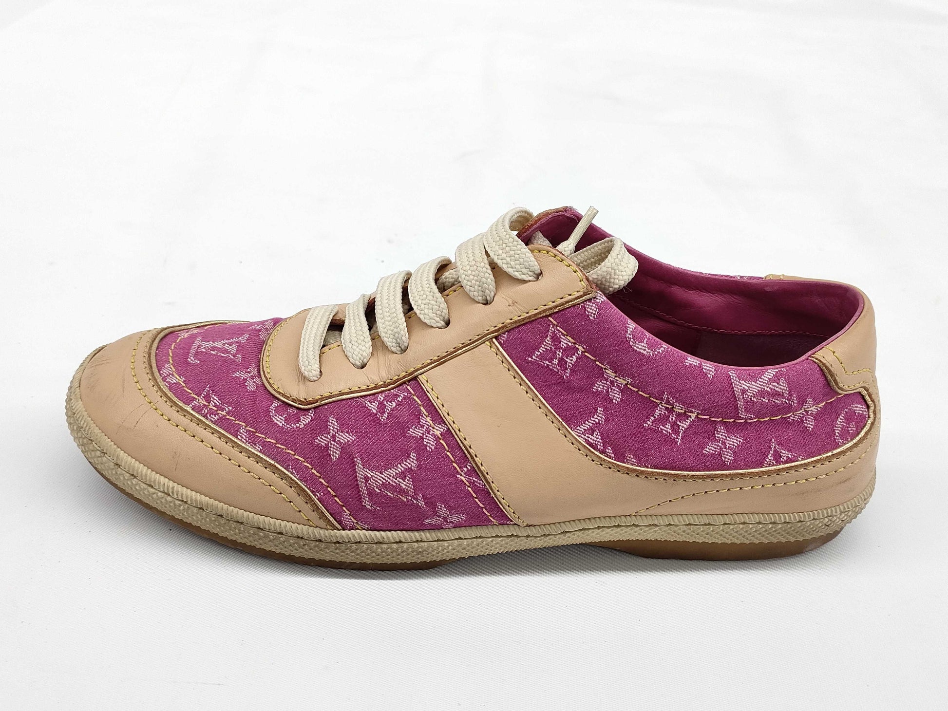 LOUIS VUITTON LV Monogram Denim Leather Sneakers Pink Size 36