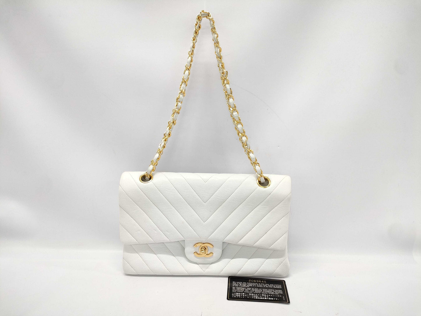 CHANEL V-stitch W-flap Shoulder Bag, No. 2, White, Card and Seal Included, Excellent Condition