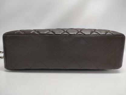 CHANEL Matelasse A47600 Brown Caviar Leather Shoulder Bag with Silver Hardware and Chain, Size 14, S-Flap