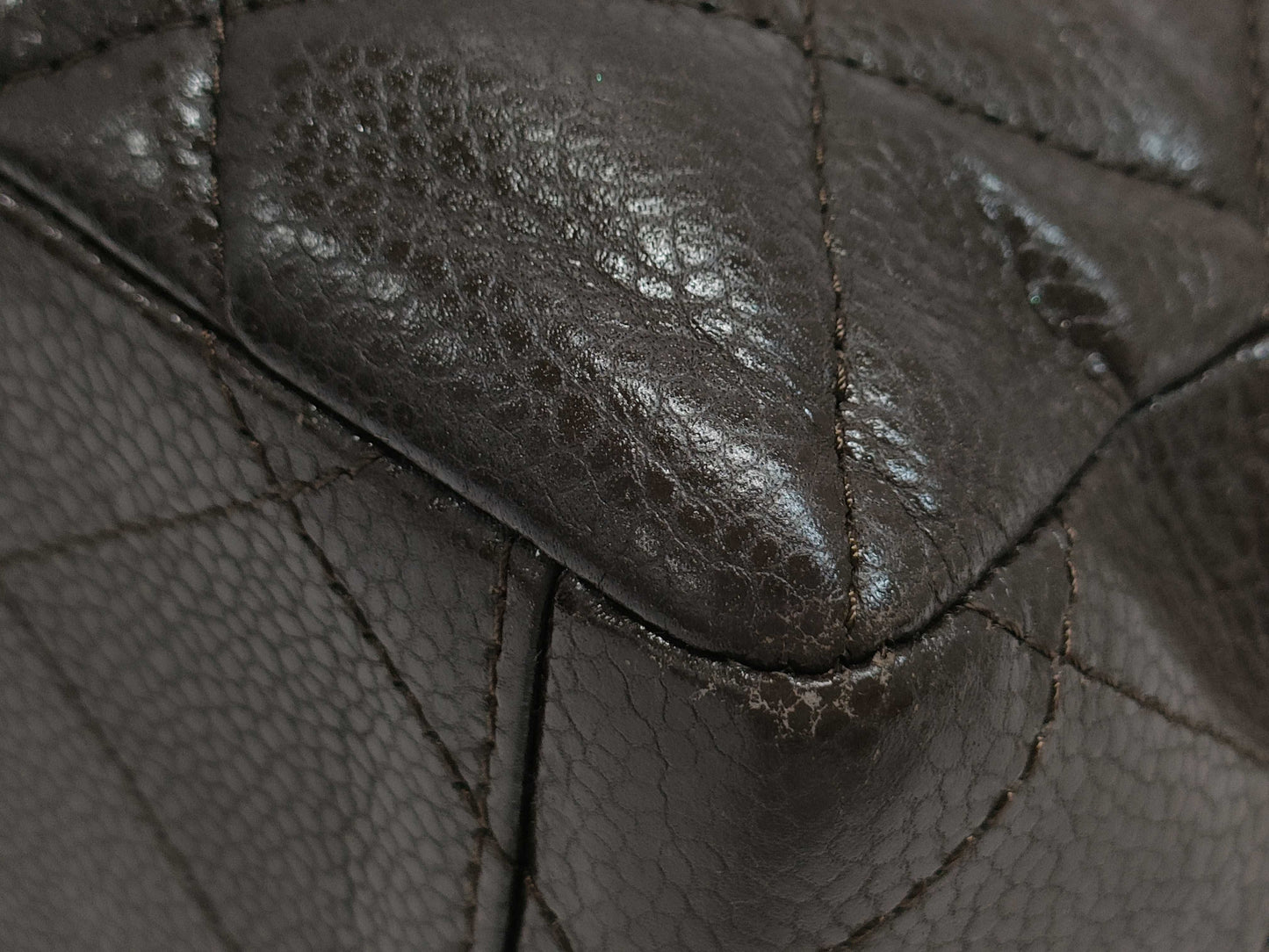 CHANEL Matelasse A47600 Brown Caviar Leather Shoulder Bag with Silver Hardware and Chain, Size 14, S-Flap