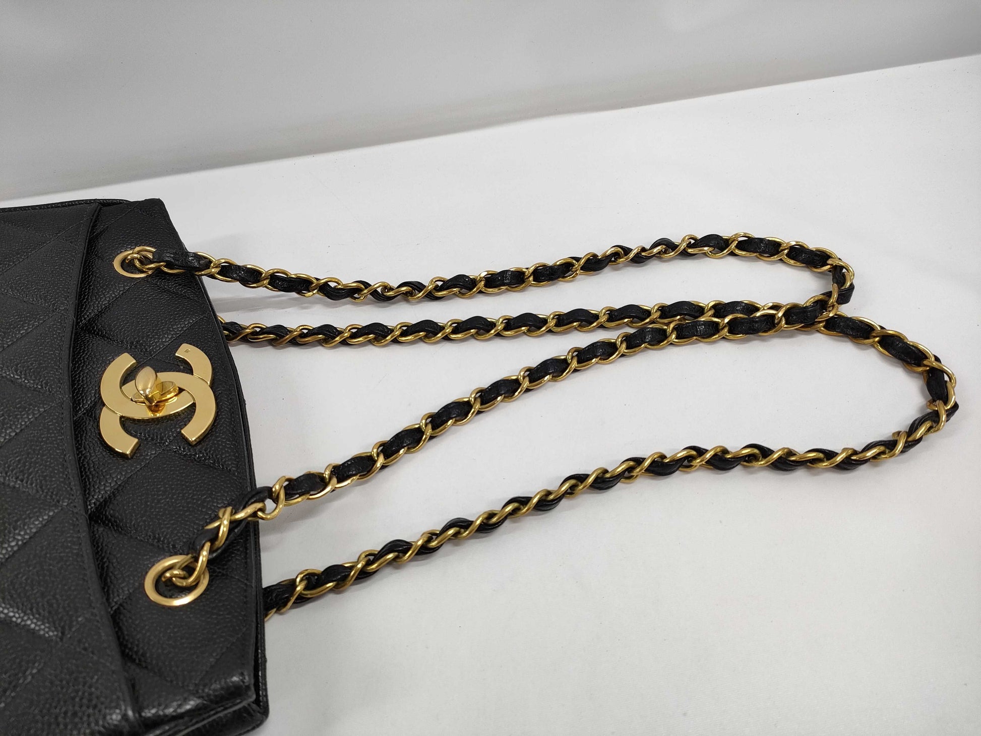 CHANEL Coco Mark Caviar Skin Tote Bag Chain Tote Bag with Certificate Seal