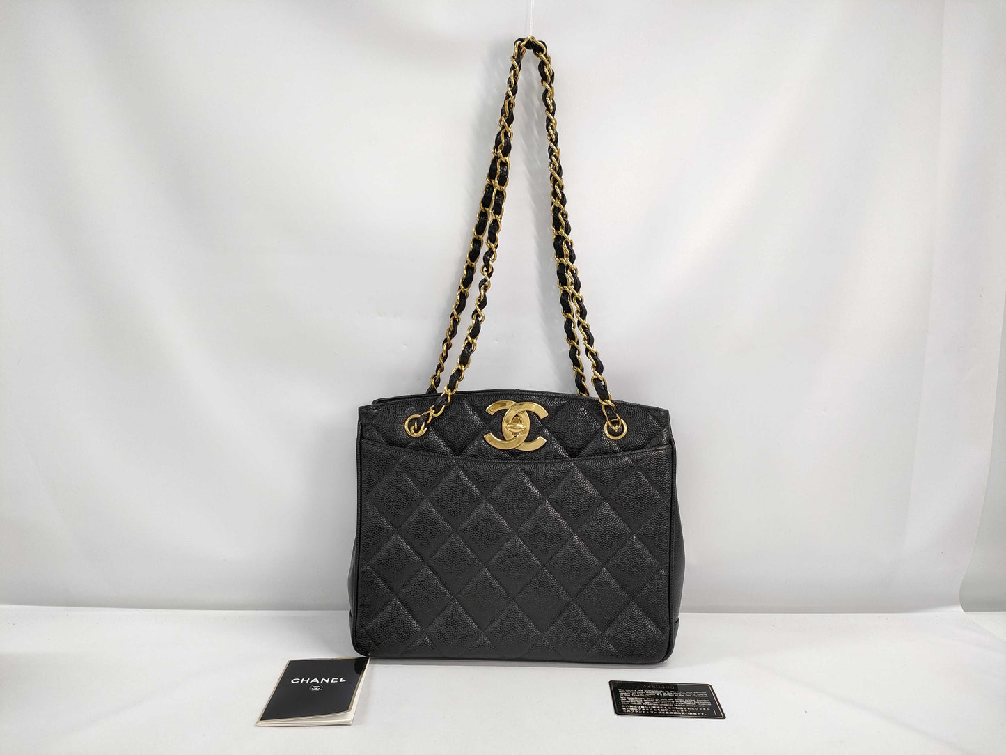 CHANEL Coco Mark Caviar Skin Tote Bag Chain Tote Bag with Certificate Seal