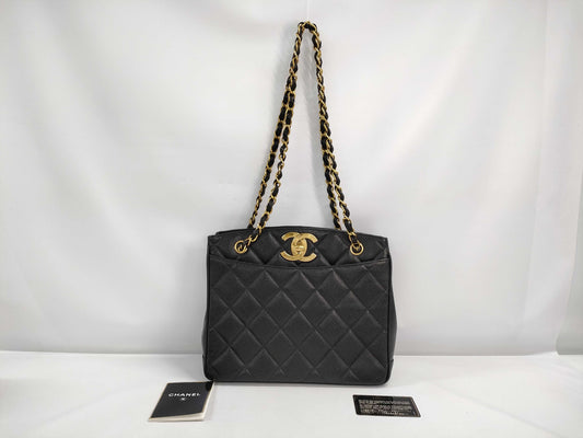 CHANEL Coco Mark Caviar Skin Tote Bag Chain Tote Bag with Certificate Seal