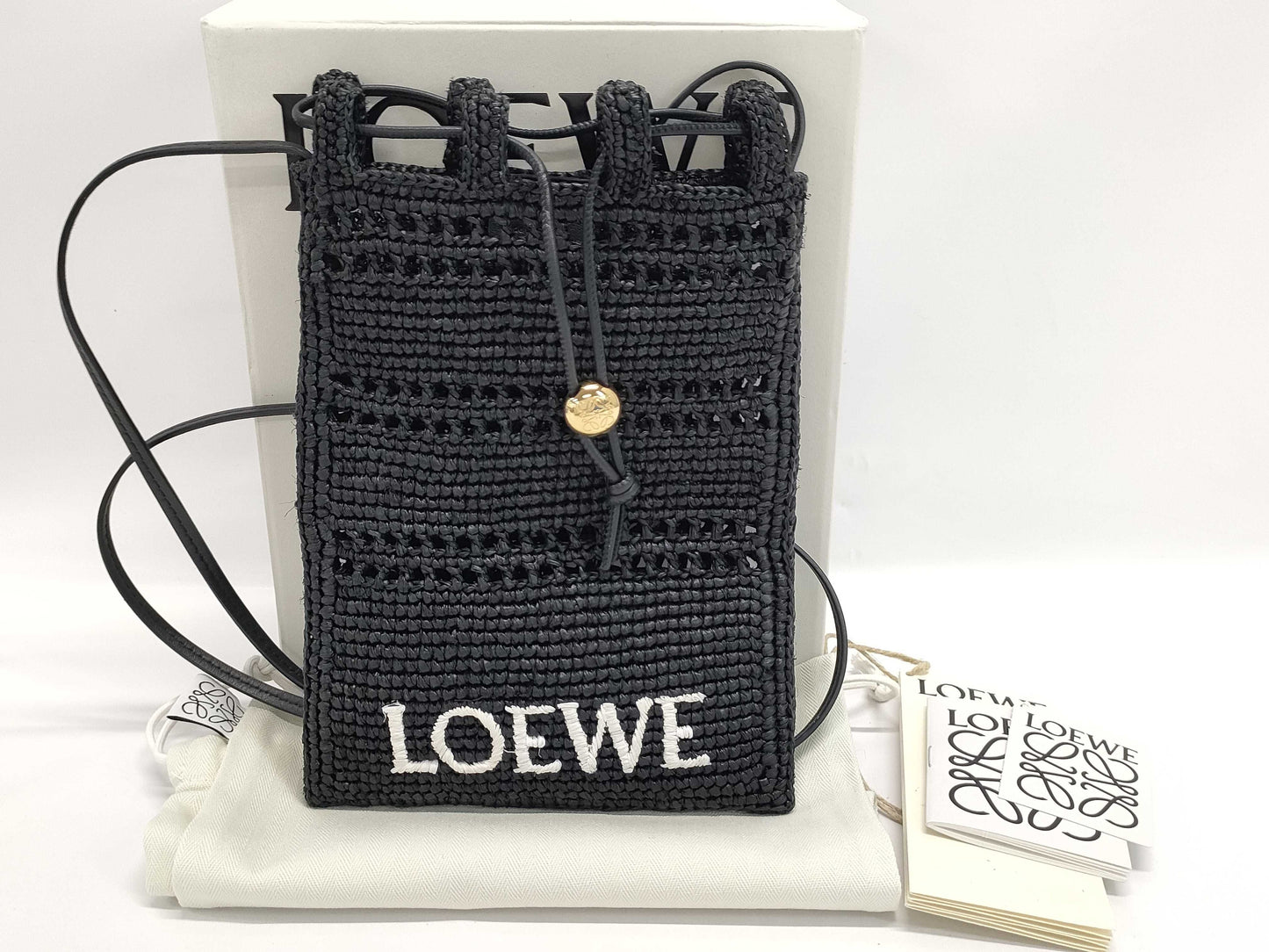 LOEWE Raffia Drawstring Pocket Shoulder Bag, Black, Box and Dust Bag Included