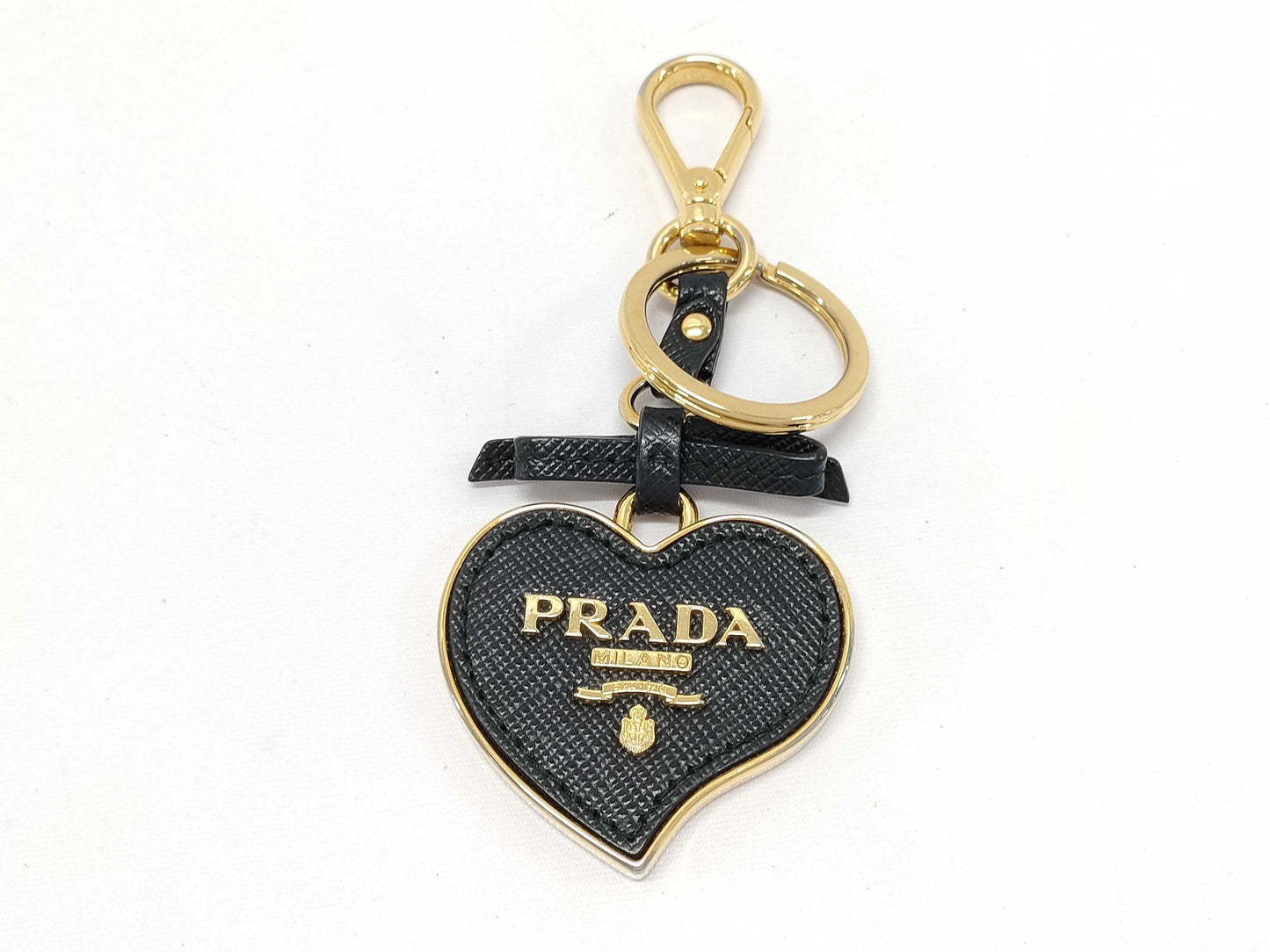 PRADA 1TL126 Saffiano Toys Key Ring Keychain Heart Charm Ribbon Black Key Case Keychain