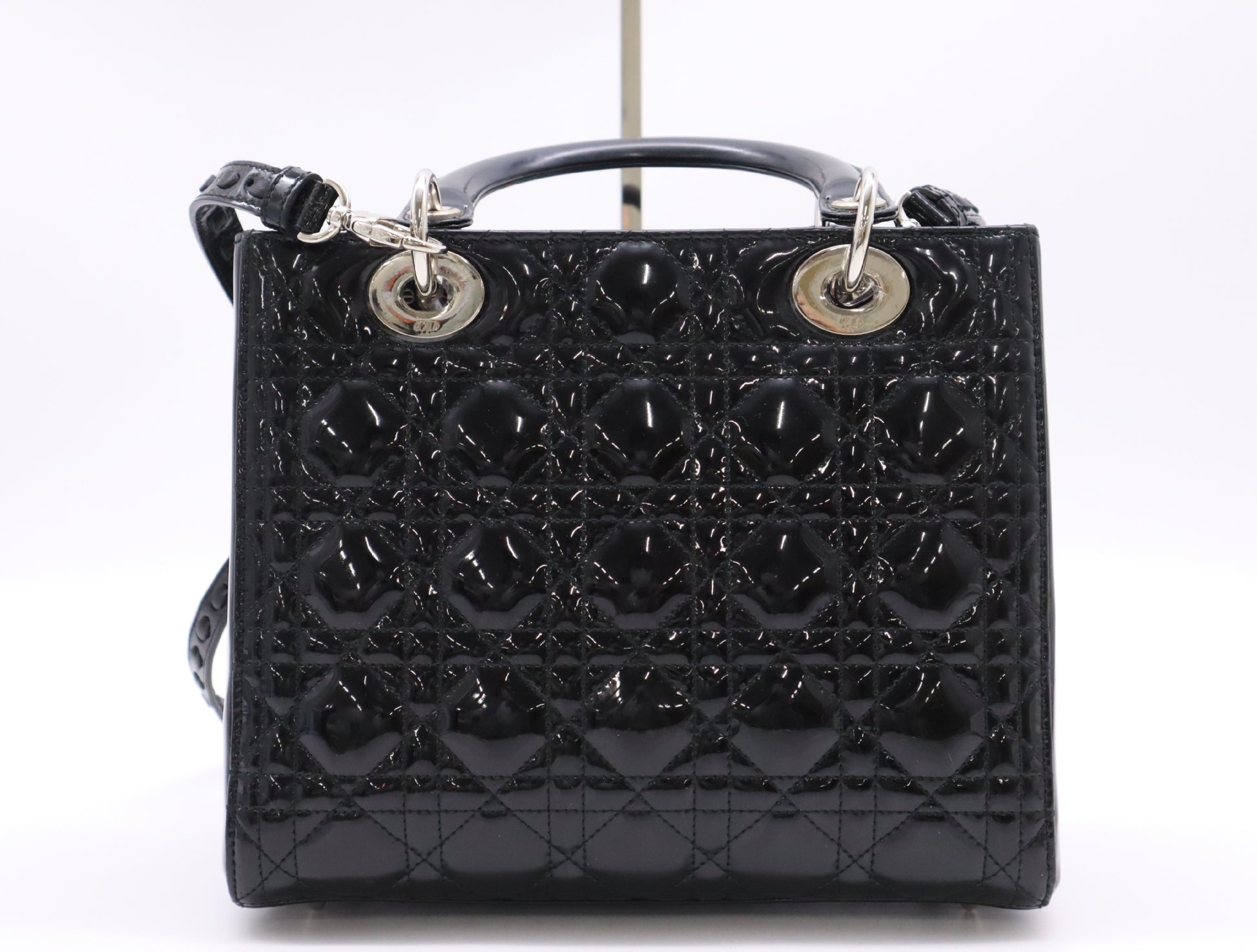 Dior Lady Dior Enamel Lady Dior Medium Cannage Handbag in Black with Silver Hardware, Two Straps, Dust Bag, and Card Included