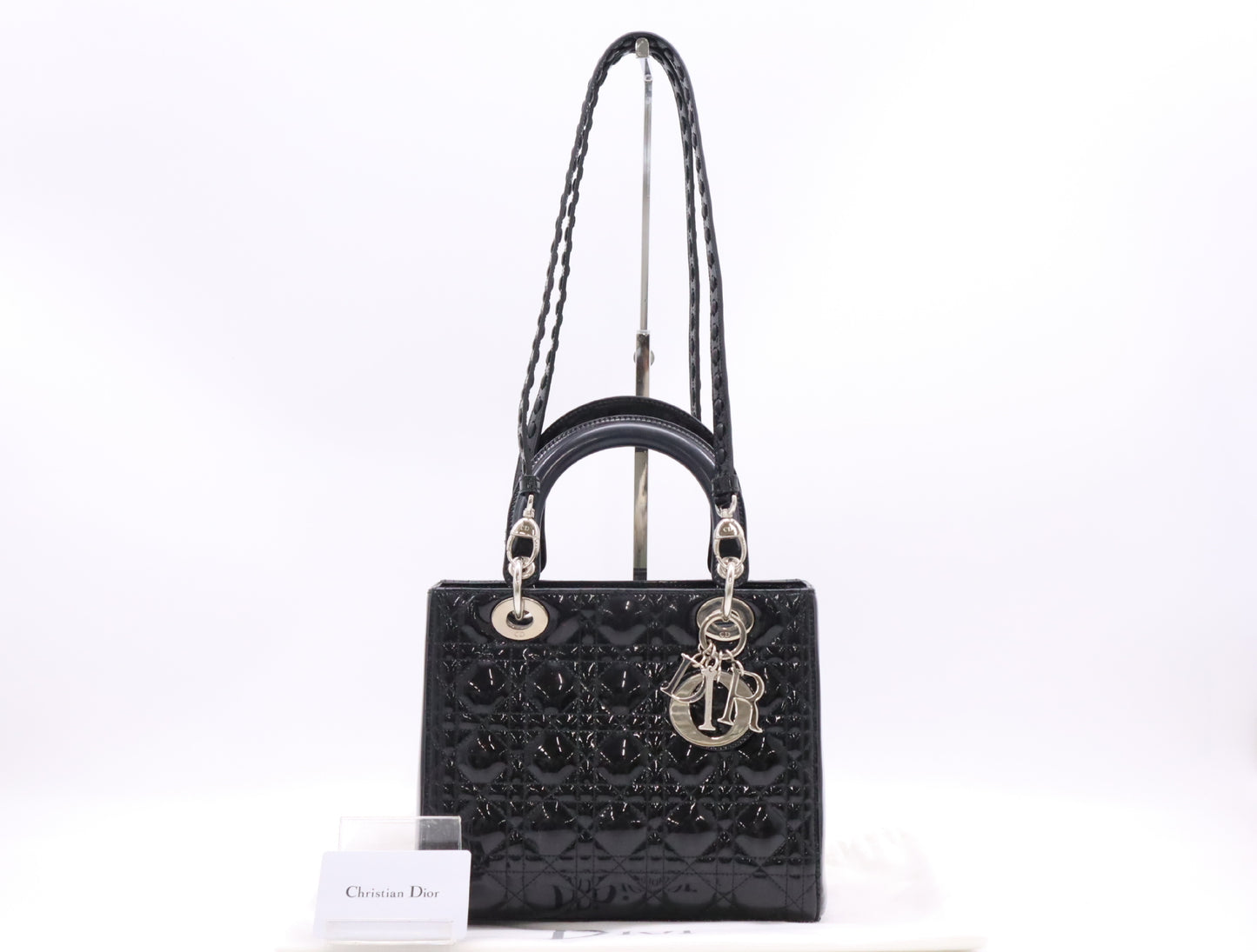 Dior Lady Dior Enamel Lady Dior Medium Cannage Handbag in Black with Silver Hardware, Two Straps, Dust Bag, and Card Included