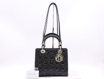 Dior Lady Dior Enamel Lady Dior Medium Cannage Handbag in Black with Silver Hardware, Two Straps, Dust Bag, and Card Included