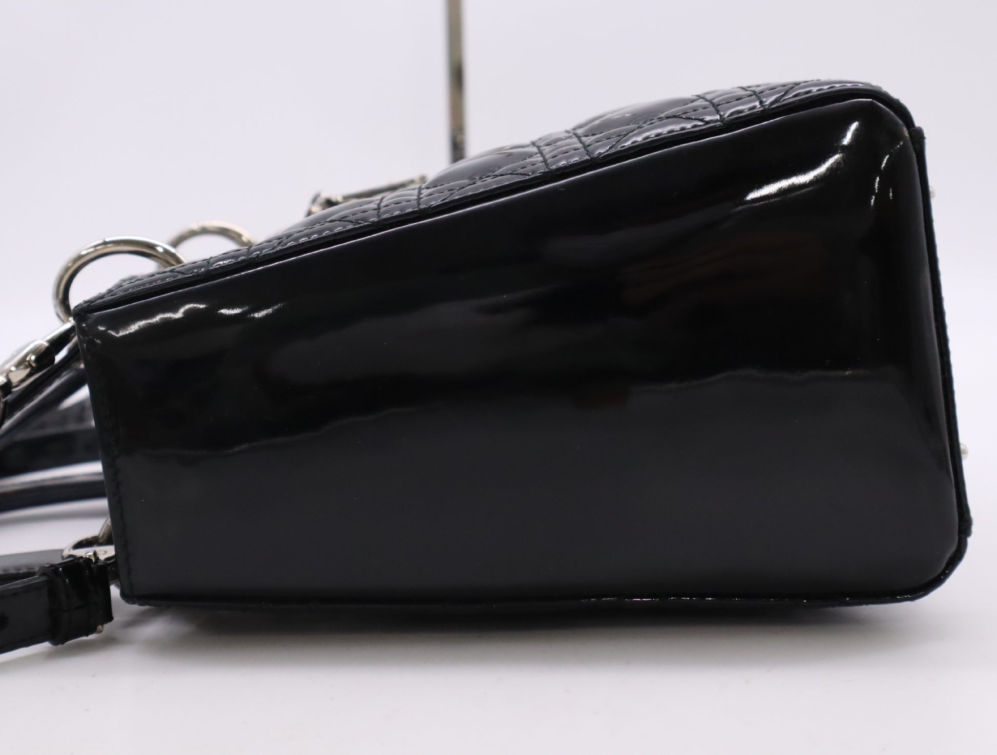 Dior Lady Dior Enamel Lady Dior Medium Cannage Handbag in Black with Silver Hardware, Two Straps, Dust Bag, and Card Included