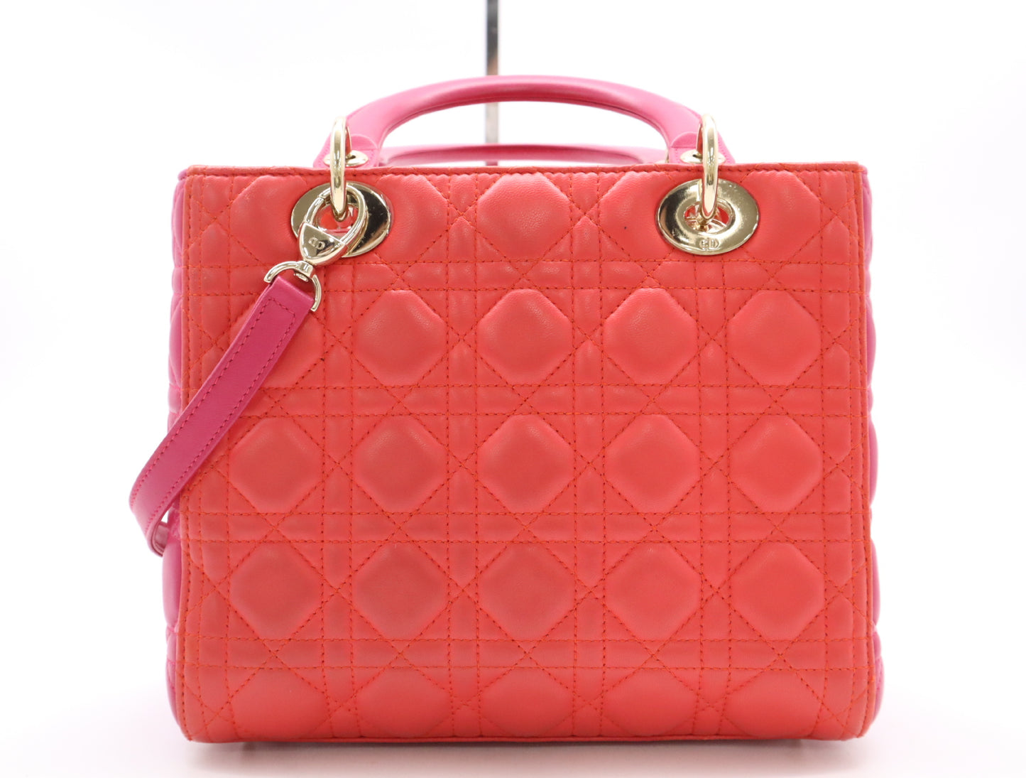 Dior Lady Dior Leather Lady Dior Medium Cannage Handbag with GD Hardware, Red and Pink, Shoulder Strap
