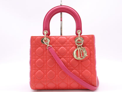 Dior Lady Dior Leather Lady Dior Medium Cannage Handbag with GD Hardware, Red and Pink, Shoulder Strap