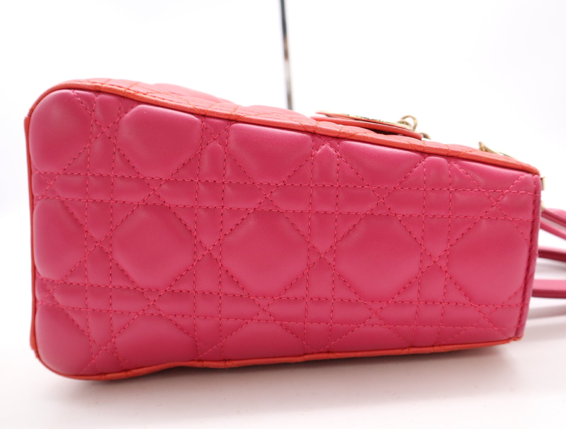 Dior Lady Dior Leather Lady Dior Medium Cannage Handbag with GD Hardware, Red and Pink, Shoulder Strap