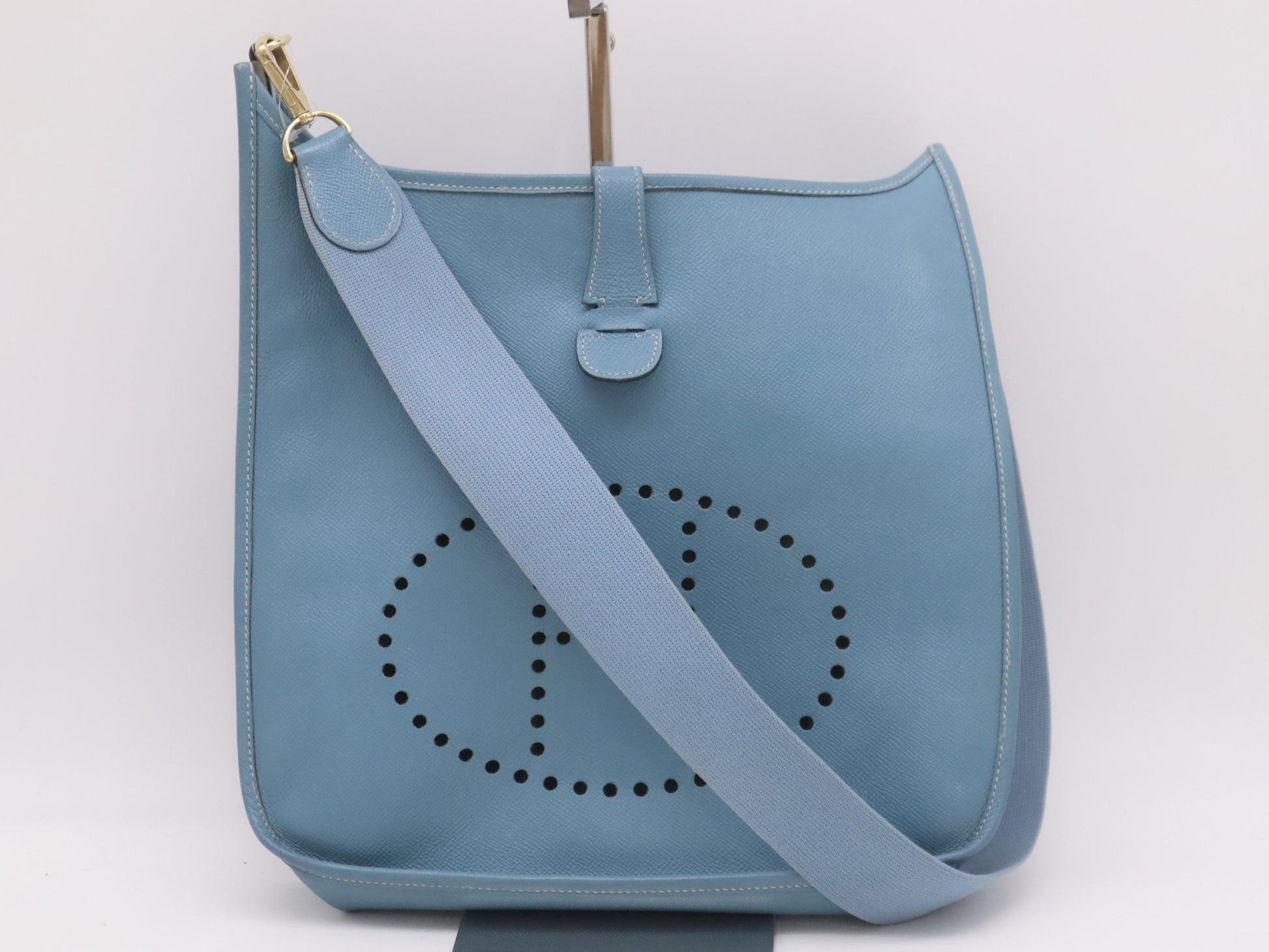 HERMES Evelyn Taurillon Clemence K Stamp Evelyn 1GM Blue Jean Shoulder Bag with Shoulder Strap