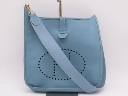 HERMES Evelyn Taurillon Clemence K Stamp Evelyn 1GM Blue Jean Shoulder Bag with Shoulder Strap