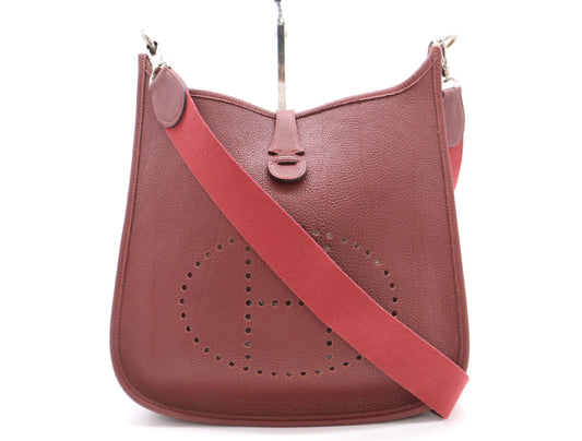 HERMES Evelyn Taurillon Clemence Leather Bag with F Stamp, Evelyn GM Rouge, Shoulder Strap Included