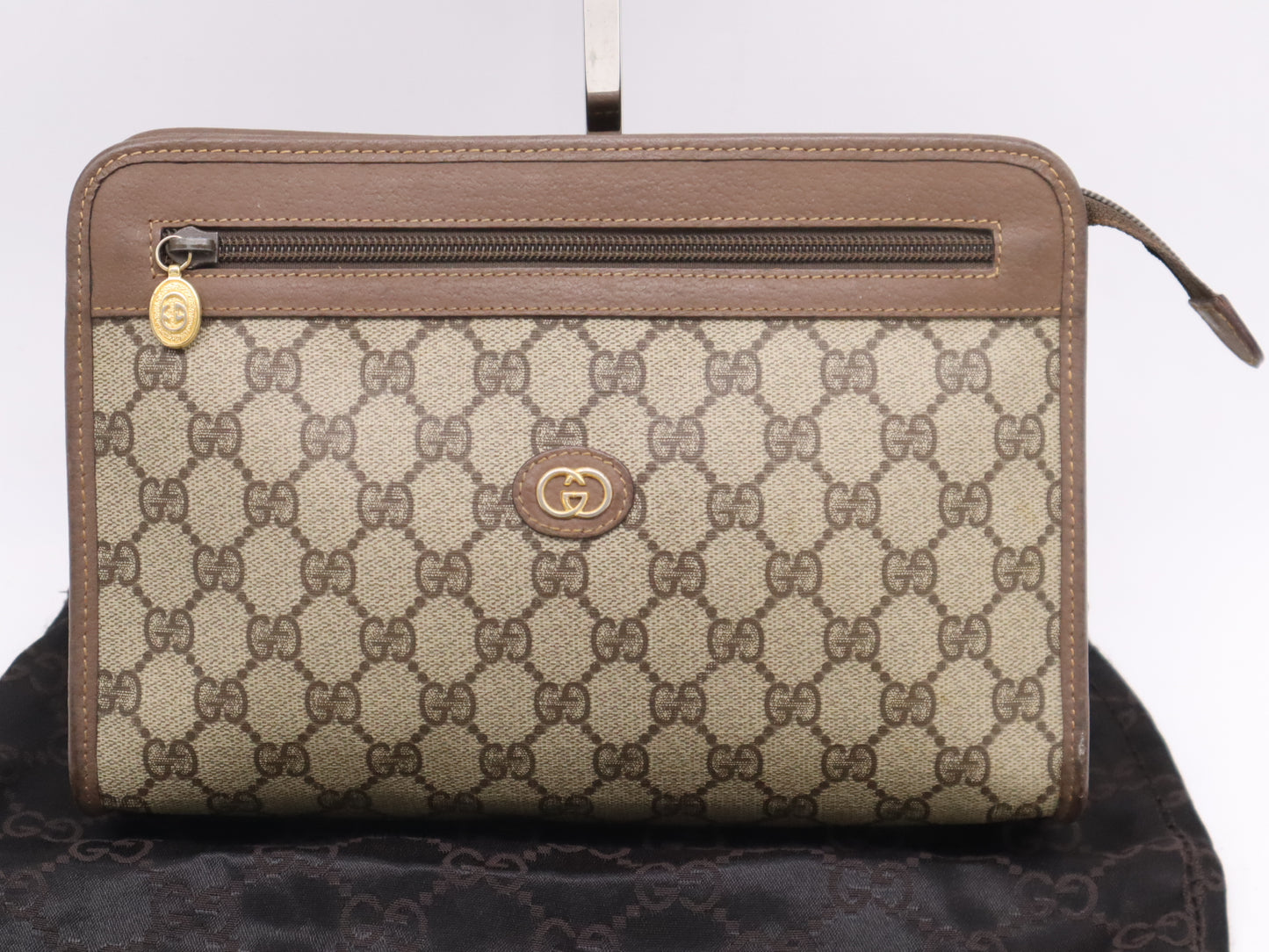 GUCCI GG Supreme 014・122・6063 GG Supreme x Leather Second Bag Brown with Dust Bag