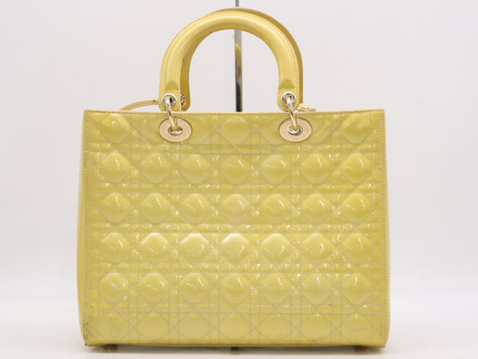 Dior Lady Dior Patent Leather Lady Dior Large Cannage Handbag in Yellow with Shoulder Strap and Card