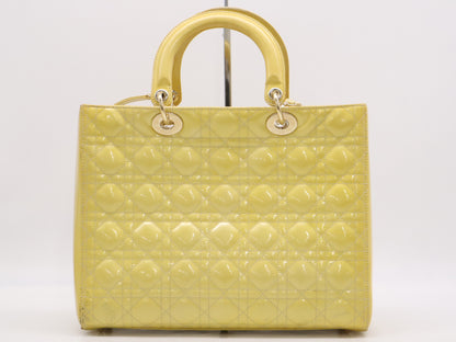 Dior Lady Dior Patent Leather Lady Dior Large Cannage Handbag in Yellow with Shoulder Strap and Card