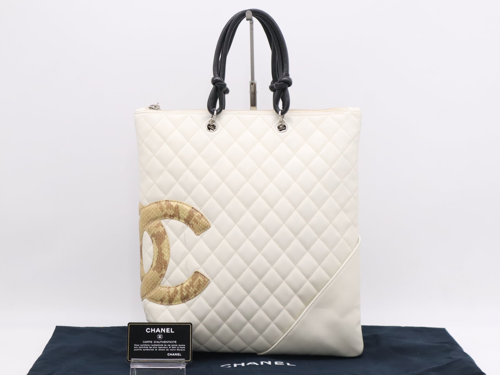 CHANEL Leather Cambon Line Coco Mark Tote Bag, Silver Hardware, White, Sticker, Card, Dust Bag Included, Shoulder Bag 9841047