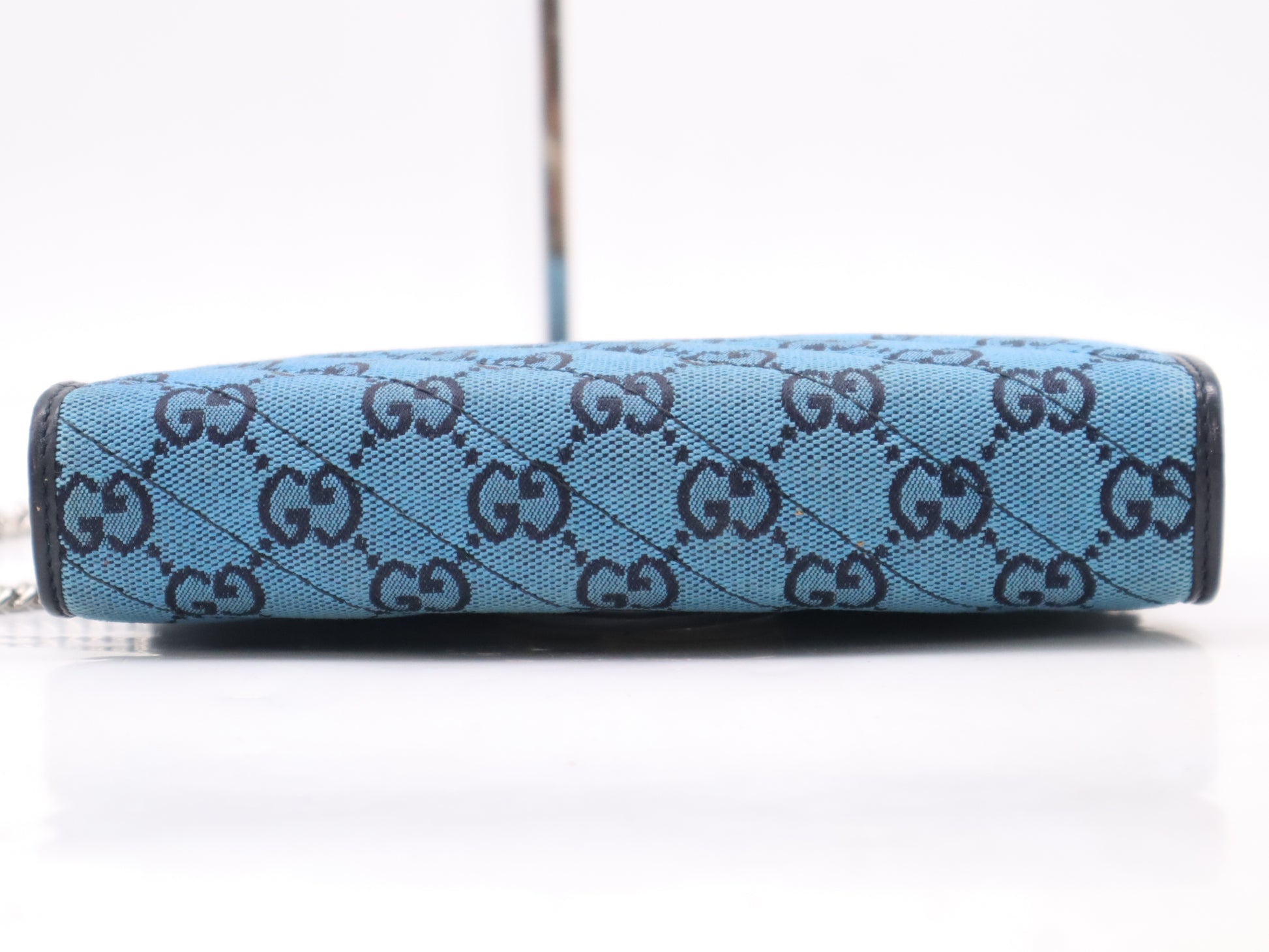 GUCCI 474575 Canvas and Leather GG Marmont Chain Wallet Blue Shoulder Bag