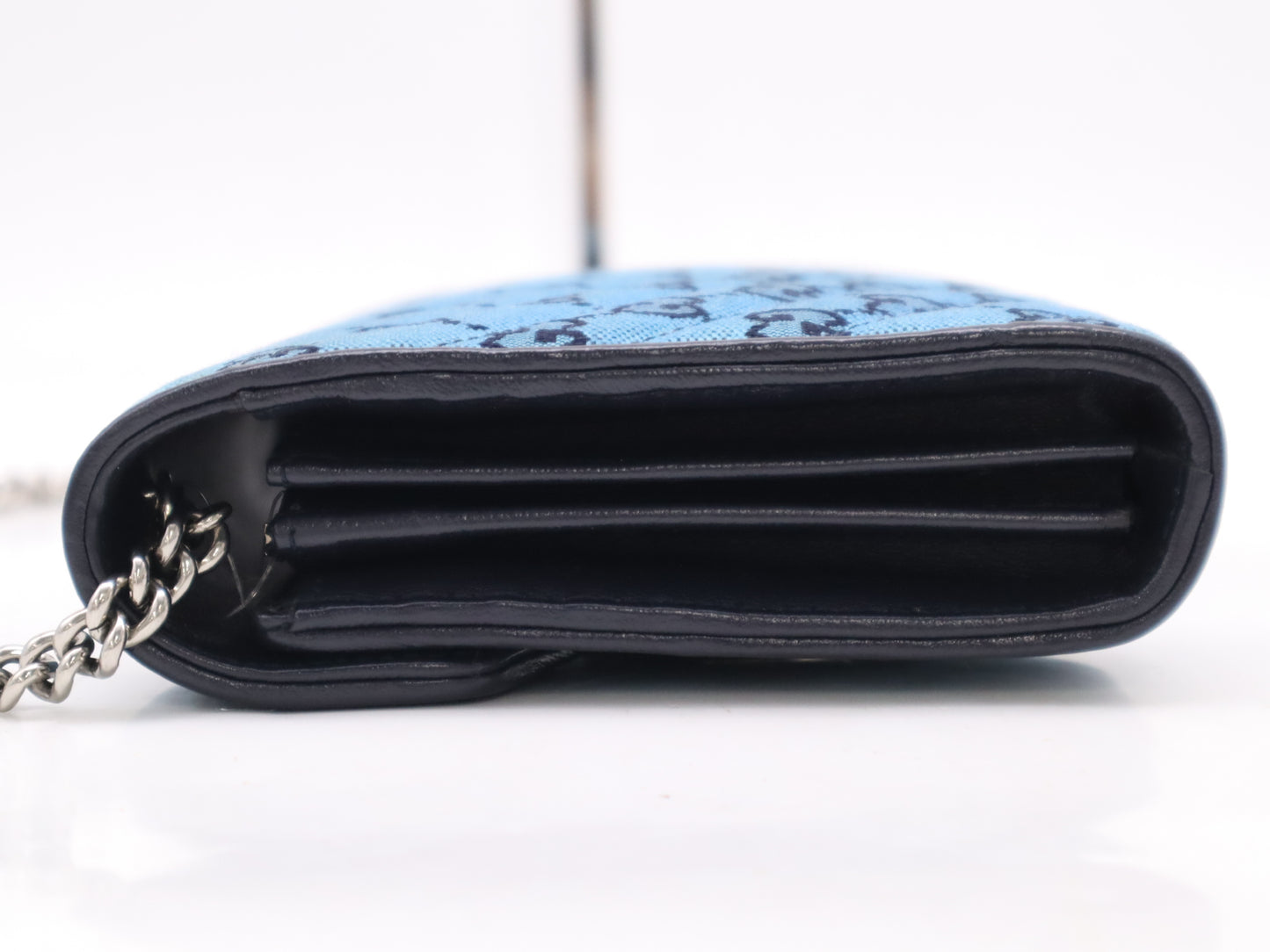 GUCCI 474575 Canvas and Leather GG Marmont Chain Wallet Blue Shoulder Bag