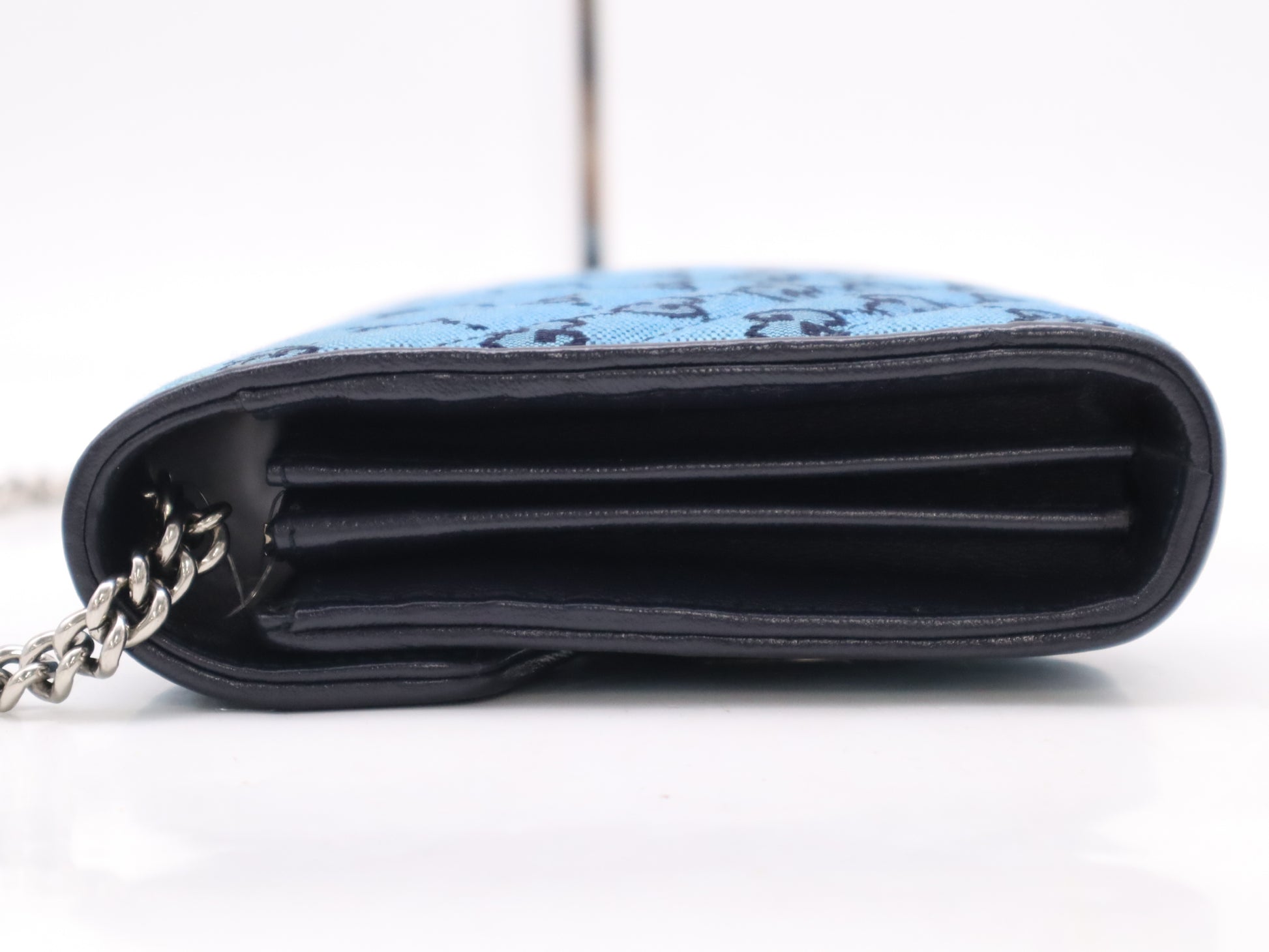 GUCCI 474575 Canvas and Leather GG Marmont Chain Wallet Blue Shoulder Bag