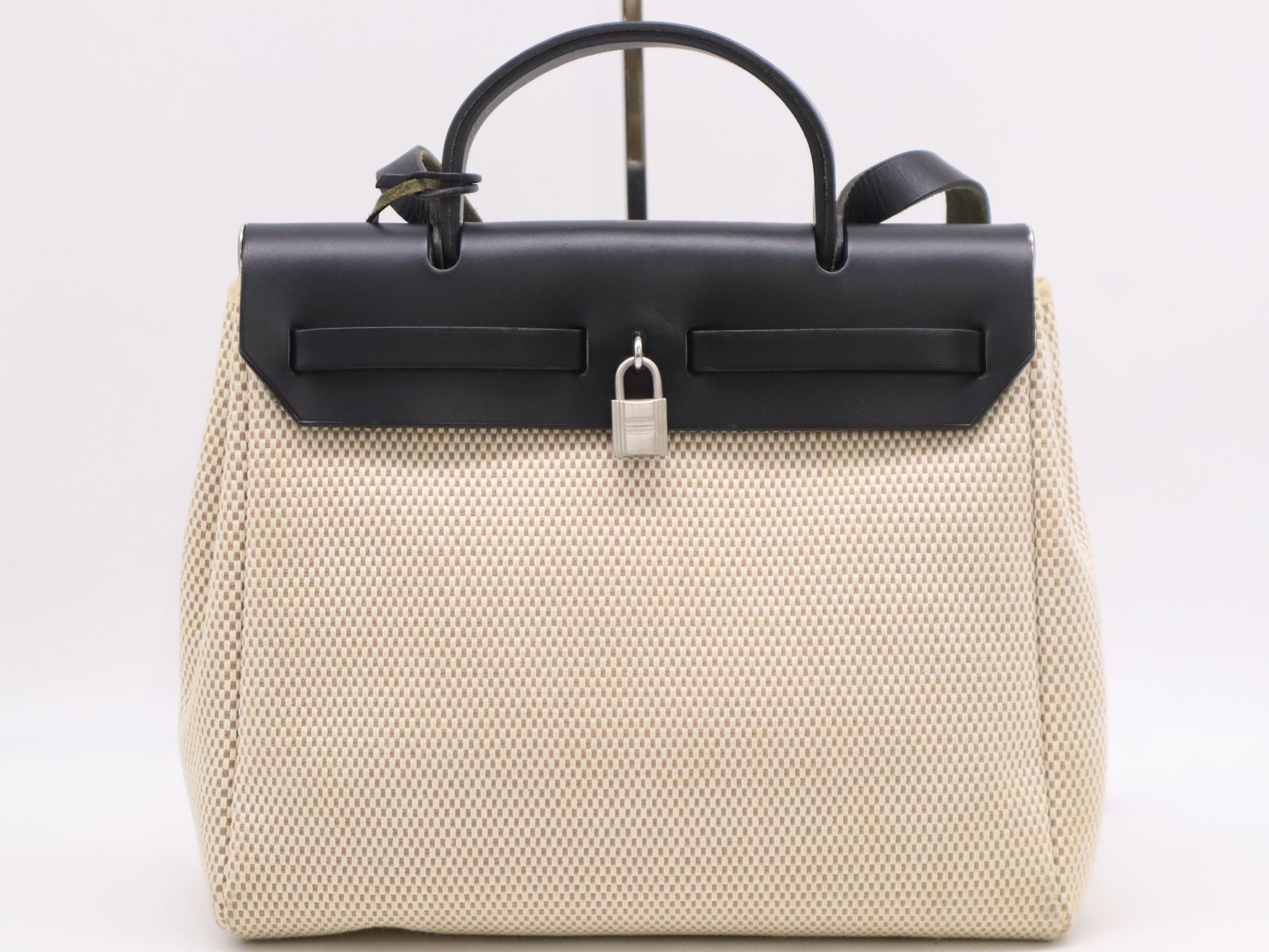 HERMES Airbag Toile Officier □G Stamp Airbag PM Black Tote Bag with Cloche, Cadena, 2 Keys, and Dust Bag