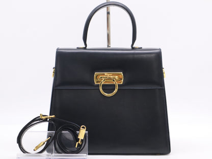 Salvatore Ferragamo Gancini Calfskin Handbag in Black with Shoulder Strap