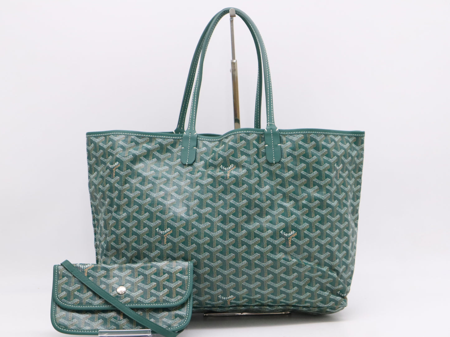 GOYARD Saint Louis PM Tote Bag, Goyardine Canvas and Leather, Green, with Pouch