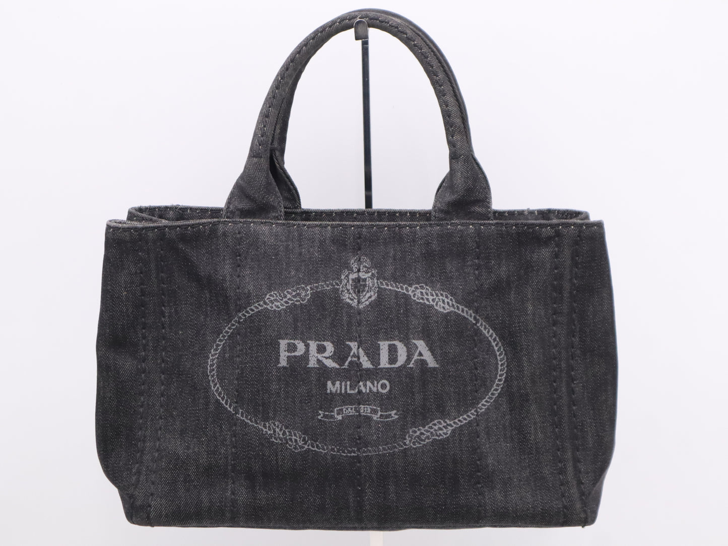 PRADA Denim Canapa Tote Mini Logo Plate Black Tote Bag